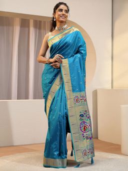 Libas - Teal woven zari design Saree with Unstitched Blouse