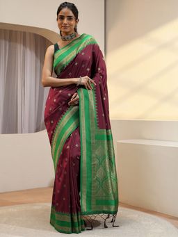 Libas - Maroon woven zari design Saree with Unstitched Blouse