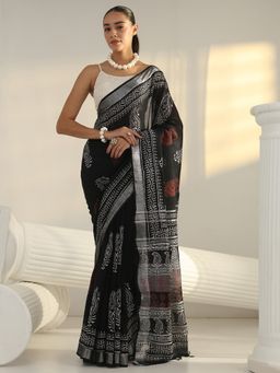 Libas - Black paisley printed Saree with Unstitched Blouse