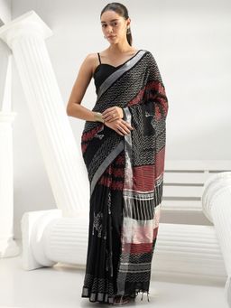 Libas - Black printed Saree with Unstitched Blouse