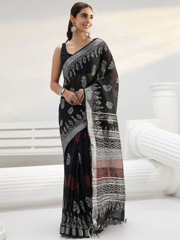 Libas - Black floral printed Saree with Unstitched Blouse