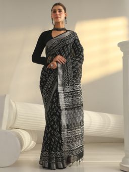 Libas - Black motif printed Saree with Unstitched Blouse
