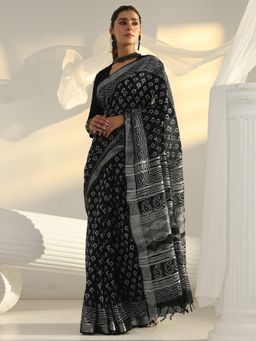 Libas - Black motif printed Saree with Unstitched Blouse
