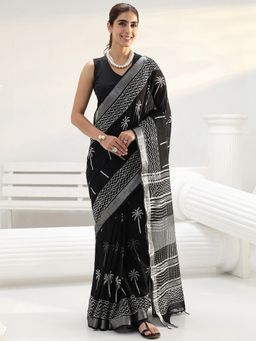 Libas - Black tropical printed Saree with Unstitched Blouse