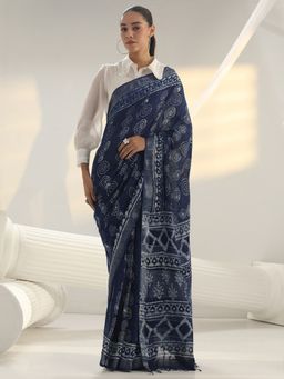 Libas - Blue printed Saree with Unstitched Blouse