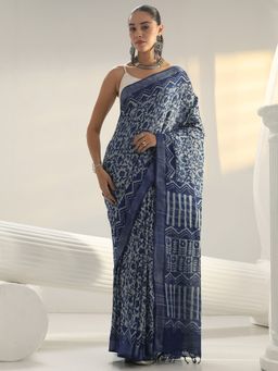 Libas - Blue printed Saree with Unstitched Blouse