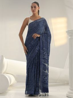 Libas - Blue printed Saree with Unstitched Blouse