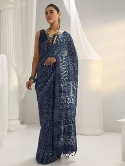 Libas - Blue printed Saree with Unstitched Blouse