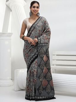 Libas - Grey Floral Printed Saree with Unstitched Blouse