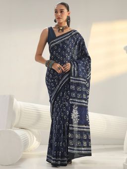 Libas - Blue Floral Printed Saree with Unstitched Blouse