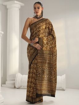 Libas - Brown printed Saree with Unstitched Blouse