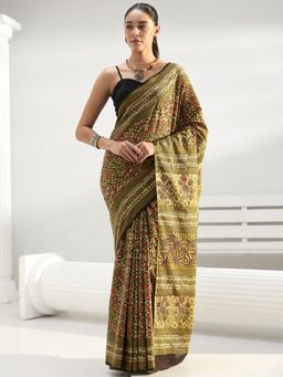 Libas - Green Floral Printed Saree with Unstitched Blouse