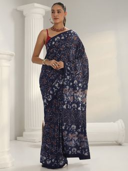 Libas - Blue Floral Printed Saree with Unstitched Blouse