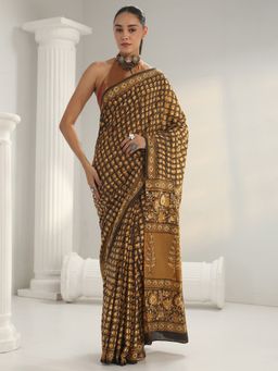 Libas - Mustard Floral Printed Saree with Unstitched Blouse