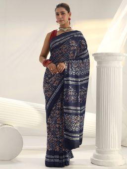 Libas - Blue Floral Printed Saree with Unstitched Blouse