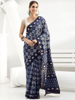 Libas - Blue printed Saree with Unstitched Blouse