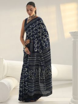Libas - Blue printed Saree with Unstitched Blouse
