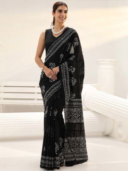 Libas - Black Floral Printed Saree with Unstitched Blouse