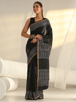 Libas - Black Floral Printed Saree with Unstitched Blouse