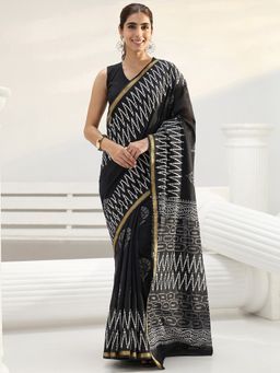Libas - Black motif printed Saree with Unstitched Blouse