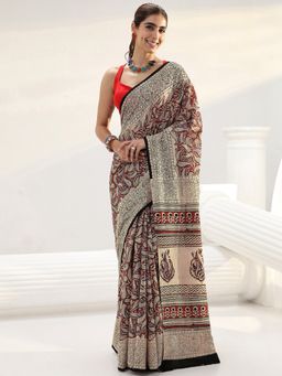 Libas - Beige paisley printed Saree with Unstitched Blouse