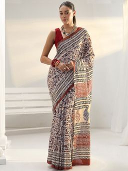 Libas - Beige printed Saree with Unstitched Blouse