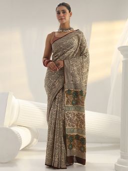 Libas - Beige Floral Printed Saree with Unstitched Blouse