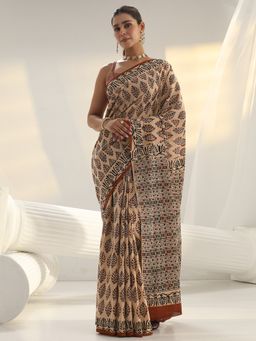 Libas - Beige Floral Printed Saree with Unstitched Blouse