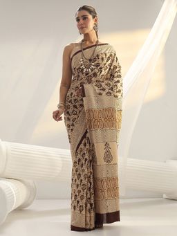 Libas - Beige paisley printed Saree with Unstitched Blouse
