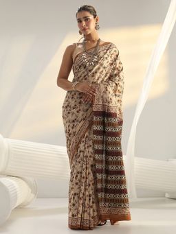 Libas - Beige Floral Printed Saree with Unstitched Blouse