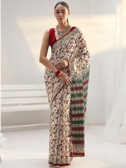 Libas - Beige Floral Printed Saree with Unstitched Blouse