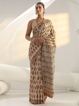 Libas - Beige Floral Printed Saree with Unstitched Blouse
