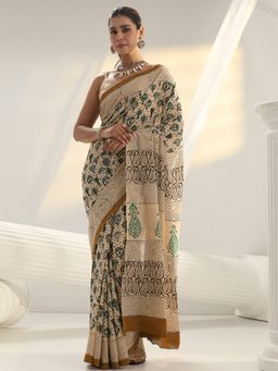 Libas - Beige paisley printed Saree with Unstitched Blouse