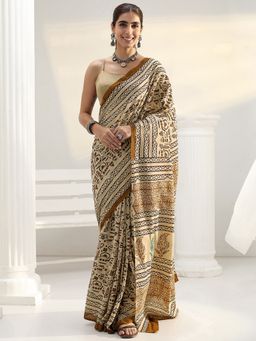 Libas - Beige printed Saree with Unstitched Blouse