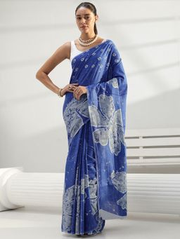 Libas - Blue Floral Printed Saree with Unstitched Blouse