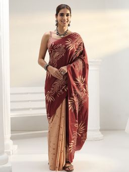 Libas - Brown Floral Printed Saree with Unstitched Blouse
