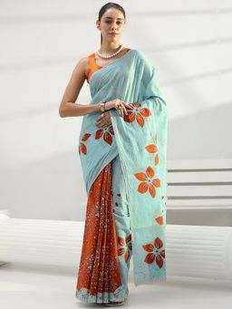 Libas - Blue Floral Printed Saree with Unstitched Blouse