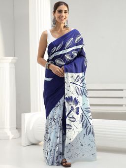 Libas - Blue Floral Printed Saree with Unstitched Blouse