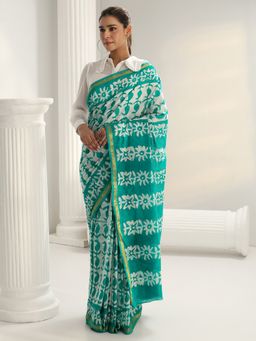 Libas - Green motif printed Saree with Unstitched Blouse