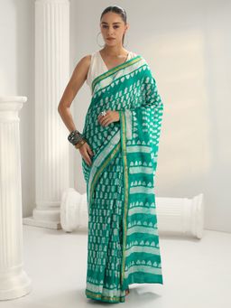 Libas - Green tropical printed Saree with Unstitched Blouse