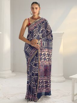 Libas - Blue motif printed Saree with Unstitched Blouse