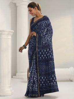 Libas - Blue printed Saree with Unstitched Blouse
