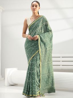 Libas - Green Floral Printed Saree with Unstitched Blouse