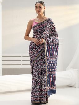 Libas - Navy blue printed Saree with Unstitched Blouse