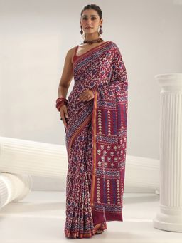 Libas - Wine Floral Printed Saree with Unstitched Blouse
