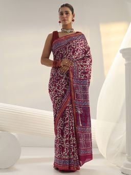 Libas - Wine paisley motif printed Saree with Unstitched Blouse