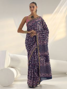 Libas - Blue geometric printed Saree with Unstitched Blouse