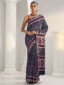 Libas - Navy blue motif printed Saree with Unstitched Blouse