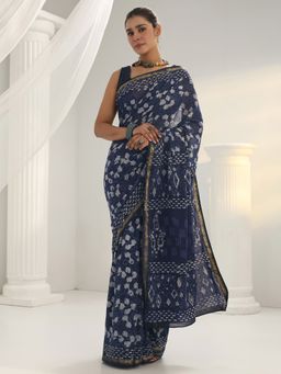 Libas - Blue motif printed Saree with Unstitched Blouse