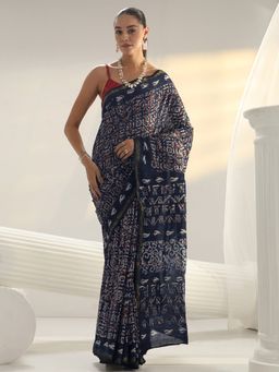 Libas - Blue printed Saree with Unstitched Blouse